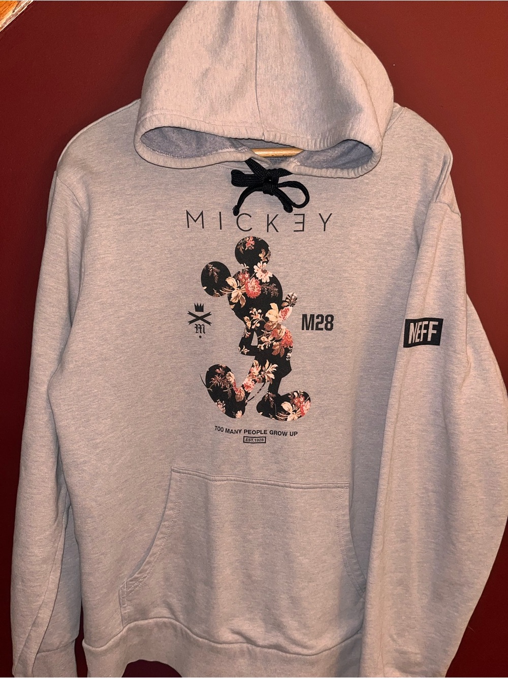 Neff Light Gray Crewneck Hoodie with Black Floral Mickey Graphic